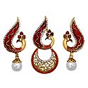 Red and White Stone Studded Laquered Peacock Pendant and Earrings