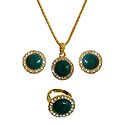Golden Chain with Green and White Stone Studded Pendant, Earrings and Ring