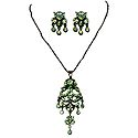 Green Zirconia Stone Studded Necklace with Black Chain and Earrings