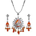 Saffron Stone Studded Pendant with Chain and Earrings