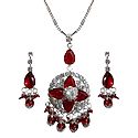 Dark Red Stone Studded Pendant with Chain and Earrings