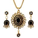 Black Stone Studded Pendant and Earrings with Chain
