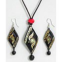 Hand Painted Design on Black Pendant and Earrings