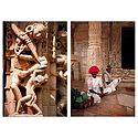 Temple Wall Carvings and Flower Seller in Khajuraho - Set of 2 Postcards