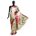 Off-White Dhakai Jamdani Saree with Red, Green and Zari Weaved Design All-Over