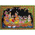 Radha Krishna on a Boat Ride with other Gopinis - Print on Cloth with Sequin Work - Unframed