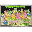 Gopinis Entertaining Radha Krishna by their Music and Dance - Sequin work on Painted Cotton Cloth - Unframed