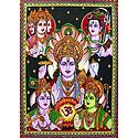 Panchadev - Brahma, Vishnu, Shiva, Rama and Krishna - Print with Sequin Work on Cotton Cloth - Unframed