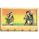 Crushed Real Gemstone Queen and Dancer Painting Wooden Key Rack with Six Hooks - Wall Hanging