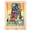Crushed Real Gemstone Painted Radha Krishna on Wooden Key Rack with Three Hooks - Wall Hanging