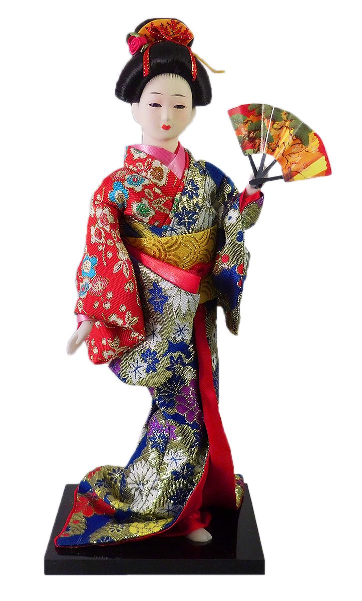 Japanese Doll in Brocade Kimono Dress Holding Fan