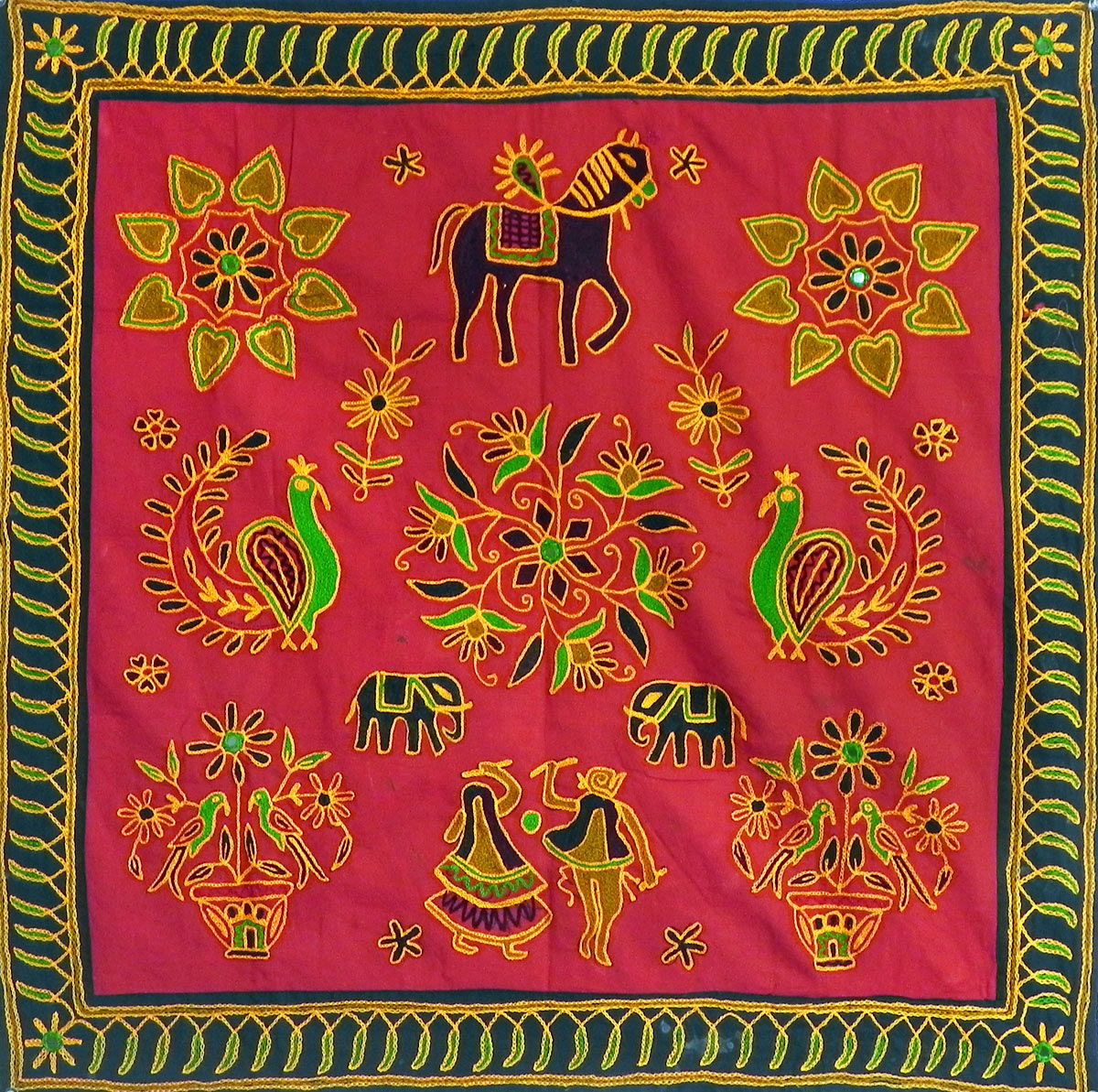 Embroidered Maroon Cloth with Black Border Depicting Folk Dancers, Animals,  Flowers and Rangoli Design - (Wall Hanging)