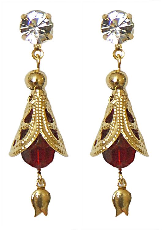 Pair of Dangle Earrings with Red Bead - Length - 1.25 inches
