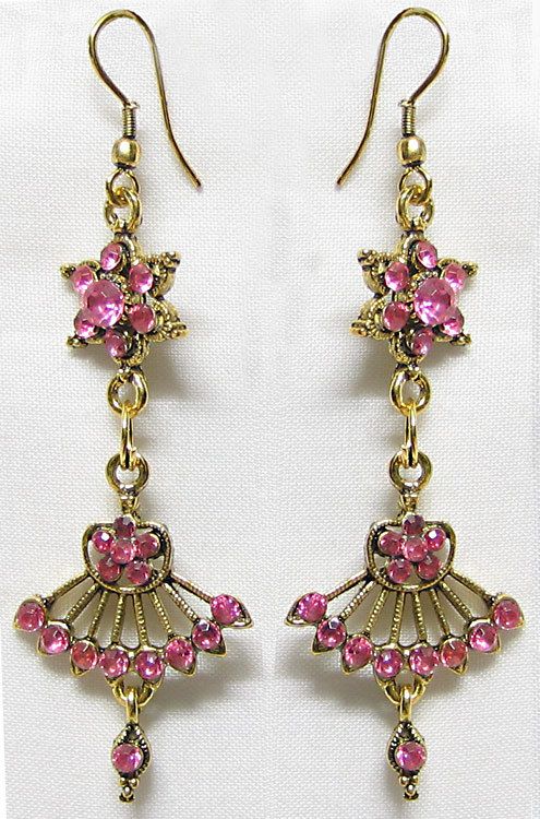 Earrings made of yellow 14K gold - shimmering flower, dark pink synthetic  ruby and clear synthetic zircons | Jewellery Eshop EU
