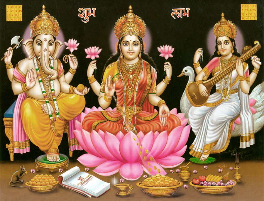 Lakshmi, Saraswati and Ganesha Poster - 11 x 9 inches - Unframed