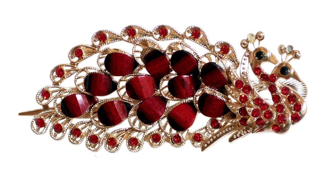 Red Stone Studded Peacock Design Press Hair Clip