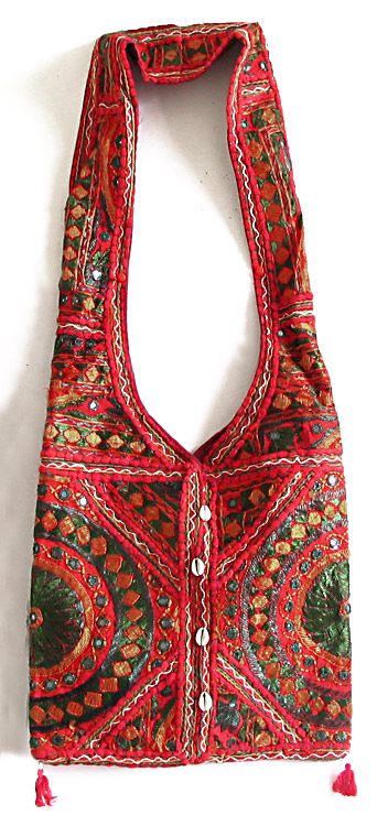 Mirrorwork and Embroidered Multicolor Cotton Bag Decorated with Cowrie