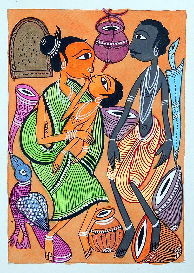 Tribal Family - Shop Online Kalighat Painting