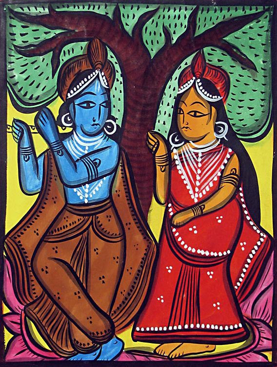 Kalighat Painting 'Union Of Radha And Krishna' By Bahadur Chitrakar- West  Bengal 