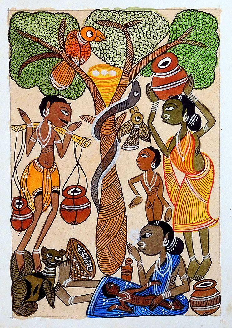 Tribal Family - Kalighat Painting
