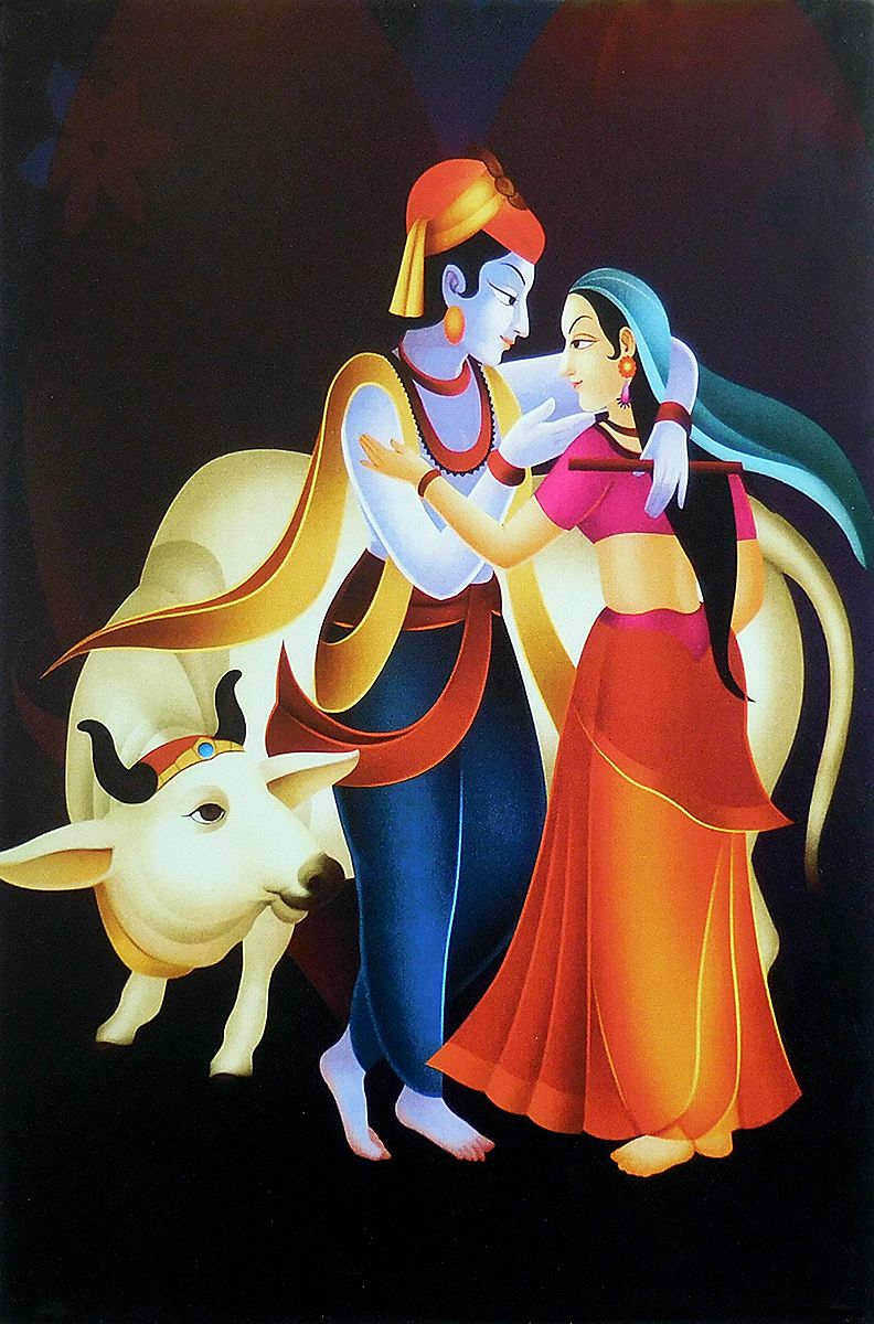 Radha Krishna in a Romantic Mood - Unframed Poster