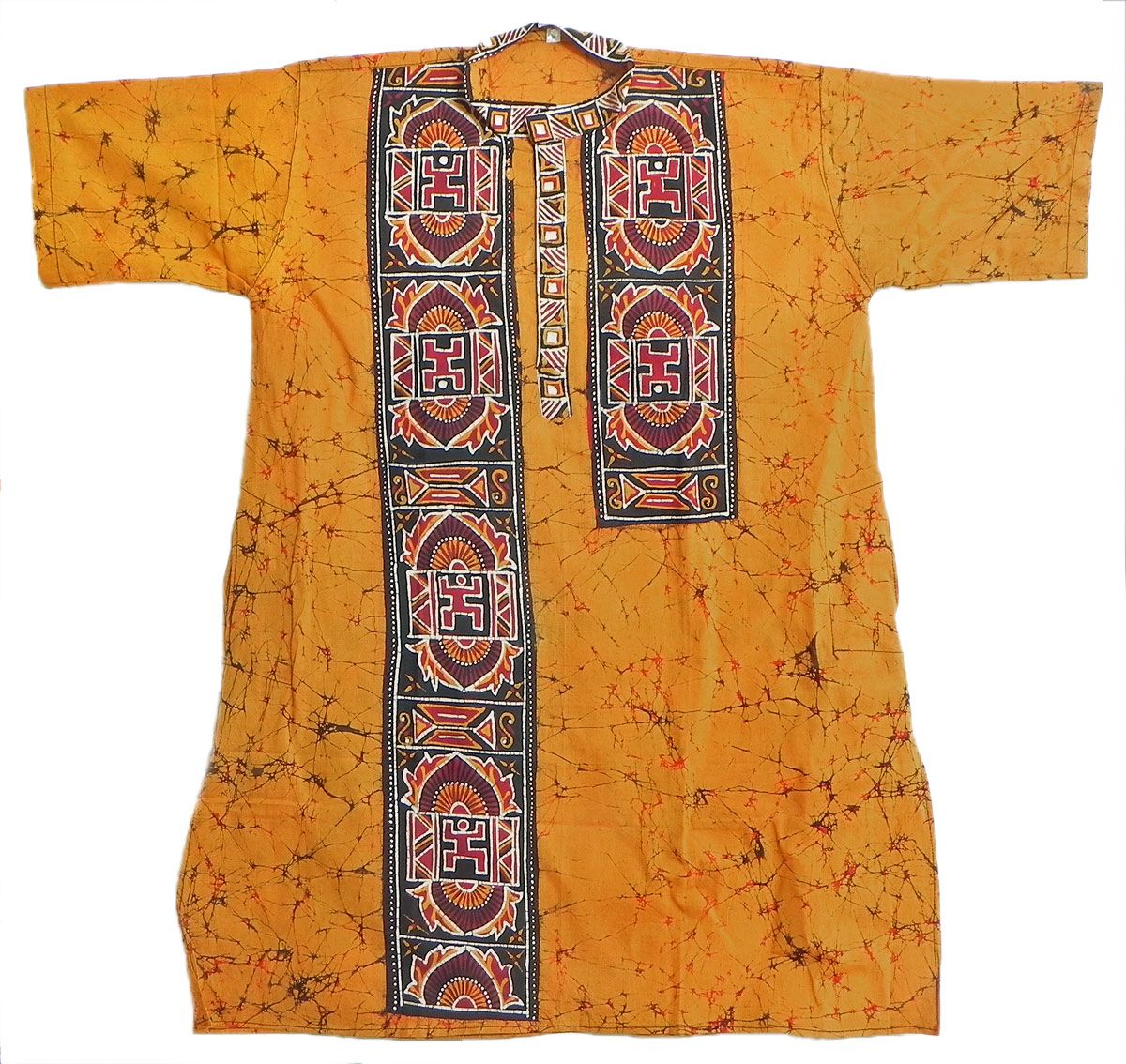 Yellow Batik Short Sleeve Kurta with Hindu Symbol - Size - XL