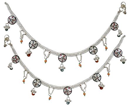 Pair of White Metal Anklets with Stone and Bead