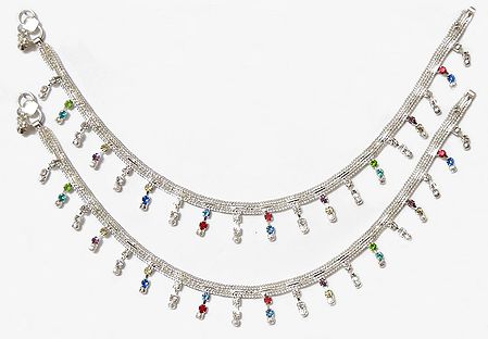 Pair of White Metal Anklet with Multicolor Stone