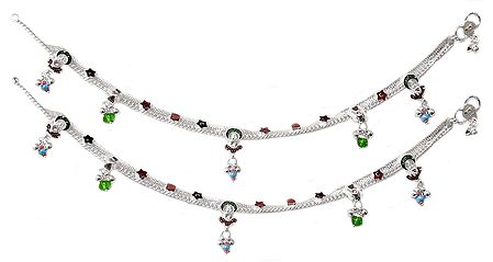Pair of White Metal Anklet with Multicolor Stone and Bead