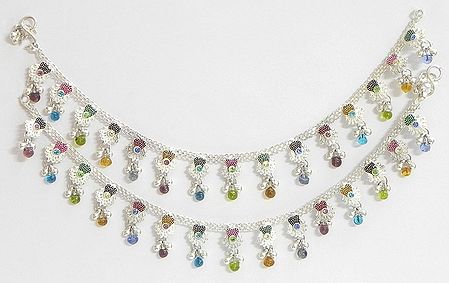 Pair of White Metal Anklet with Multicolor Stones