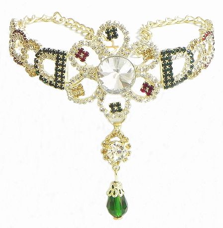 White and Green Stone Studded Gold Polish Bajubandh (To wear on upper arm)
