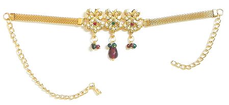 White, Red and Green Stone Studded Oxidised Metal Bajubandh Beaded Jhalar (To wear on upper arm)