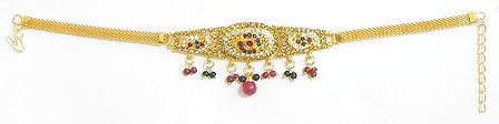 White, Red and Green Stone Studded Oxidised Metal Bajubandh with Bead Jhalar(To wear on upper arm)