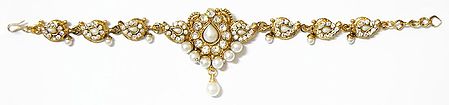 Faux Zirconia Studded Gold Polish Armlet with White Faux Pearl Beads (To wear on upper arm)