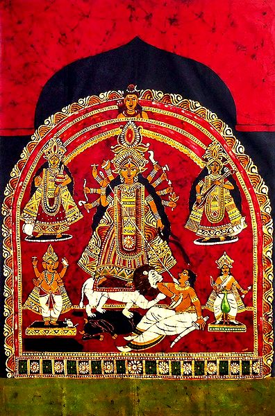 Devi Durga with Family - Batik Painting on Cloth
