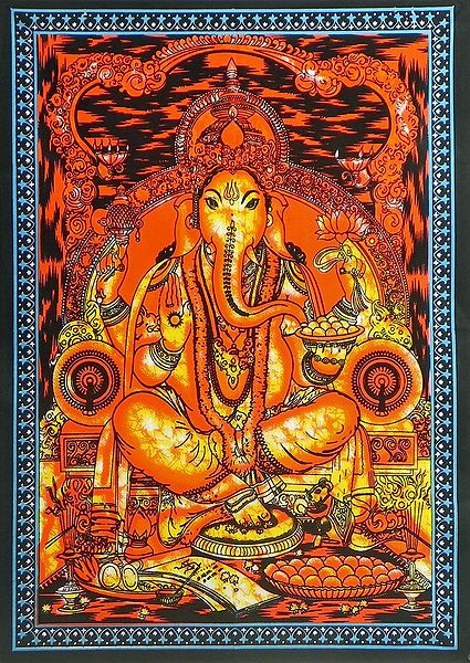 Ganesha Sitting on Throne - Printed Batik