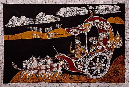 Krishna Arjuna on Chariot During the Battle of Kurukshetra - Batik Painting - Unframed