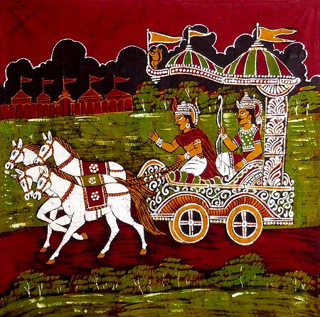 Krishna and Arjuna in a Chariot - Batik Painting on Cloth