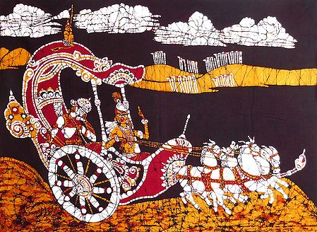 Krishna Arjuna on Chariot During the Battle of Kurukshetra - Batik Painting