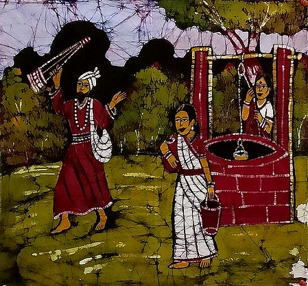 Baul Singer and Two Village Women - Batik Painting on Cloth - Unframed
