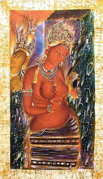 Ajanta Female Bodhisattva Holding a Red Lotus - (From Ajanta Cave Painting)