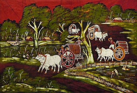 Bullock Carts on a Village Path
