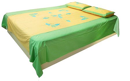 Appliqued and Embroidered Grapes on Yellow and GreenCotton Double Bedspread with Pillow Covers