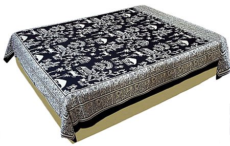 Black and White Warli Art Bedspread with Two Pillow Covers