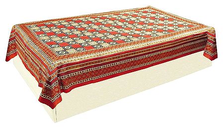 Beige, Red and Black Print on Cotton Single Bedspread