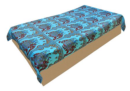 King on Elephant with Floral Print on Cyan Blue Cotton Single Bedspread