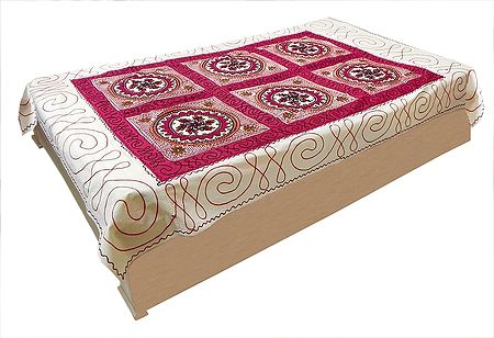 Gujrati Embroidery and Kumkum Red Cloth Patch on Off-White Cotton Single Bedspread
