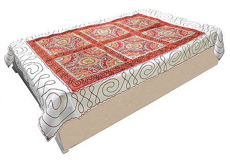 Gujrati Embroidery and Saffron Cloth Patch on Off-White Cotton Single Bedspread