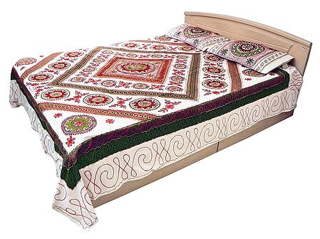 Gujrati Embroidery and Green Cloth Patch on Off-White Cotton Double Bedspread with Two Pillow Covers