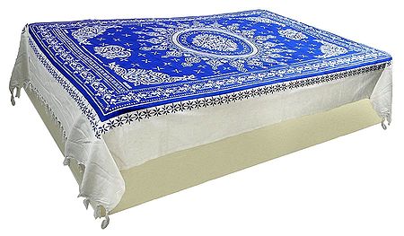 White Block Print on Blue Rajasthani Cotton Double Bedspread
